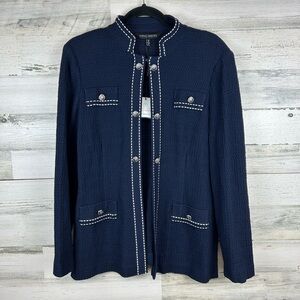 Ming Wang Tailored Knit Jacket Navy Blue Small Silver Crest Buttons Blazer NWT